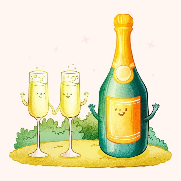 Vecteur gratuit illustration de dessin animé de champagne dessiné à la main