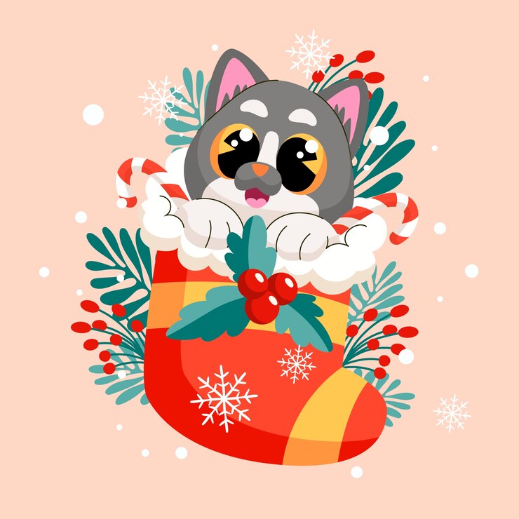 Vecteur gratuit illustration de dessin animé de chat plat pour la célébration de la saison de noël