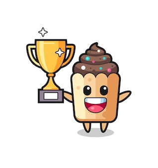 L'illustration de dessin animé de cupcake est heureuse de tenir le trophée d'or, design mignon
