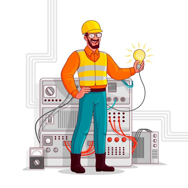 Illustration de dessin animé d'un électricien dessinée à la main