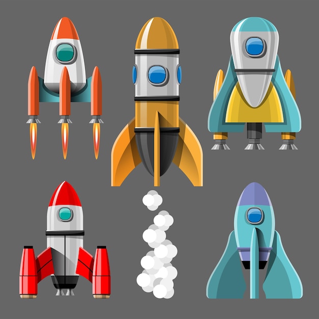 Vecteur gratuit illustration de dessin animé ensemble isolé de lancement de fusée. fusées de mission spatiale avec de la fumée. illustration dans un style plat