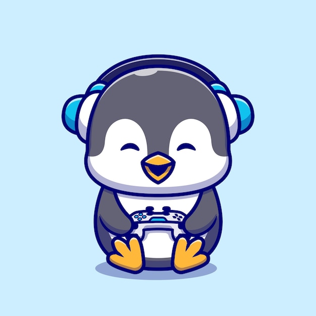 Vecteur gratuit illustration de dessin animé mignon pingouin gaming.