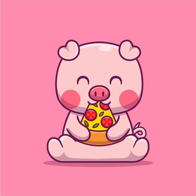 Illustration De Dessin Animé Mignon De Porc Manger Pizza. Concept De Nourriture Animale Isolé Plat Dessin Animé