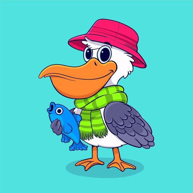 Illustration de dessin animé de pélican dessinée à la main