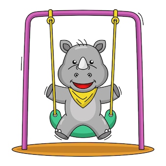 Illustration de dessin animé d'un rhinocéros mignon jouant sur une balançoire