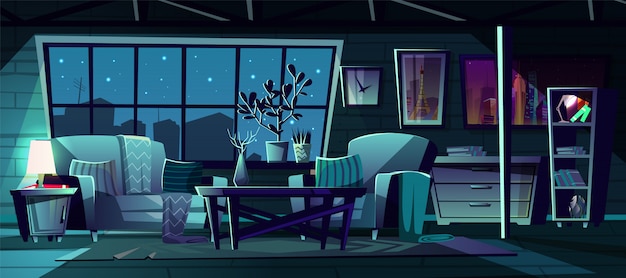 Vecteur gratuit illustration de dessin animé de salon moderne dans la nuit.