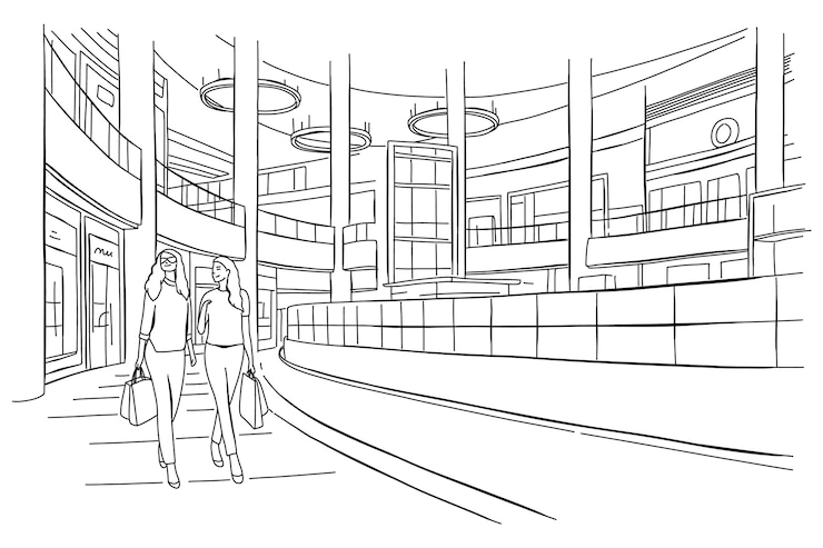 Vecteur gratuit illustration de dessin de centre commercial dessinée à la main