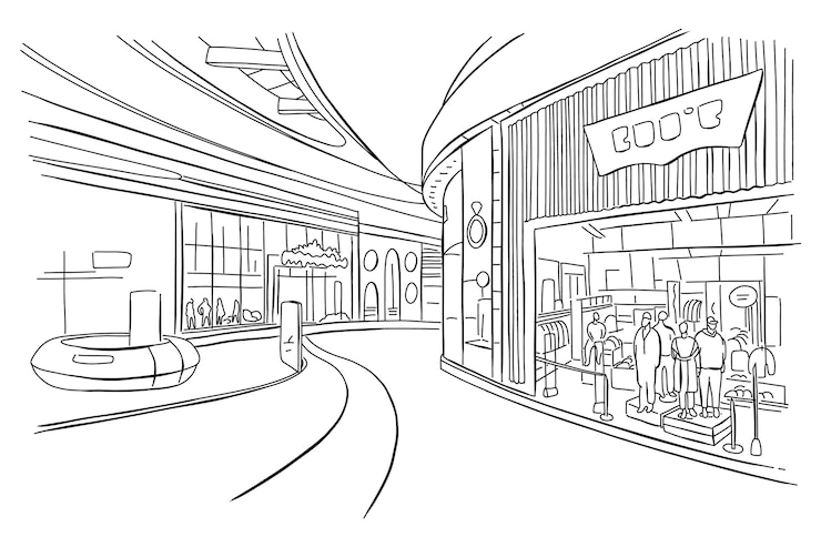 Vecteur gratuit illustration de dessin de centre commercial dessinée à la main