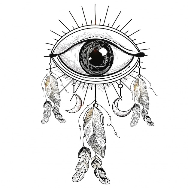 Illustration dessinée à la main de All Seeing Eye with Ethnic Feathers, élément de style Boho.