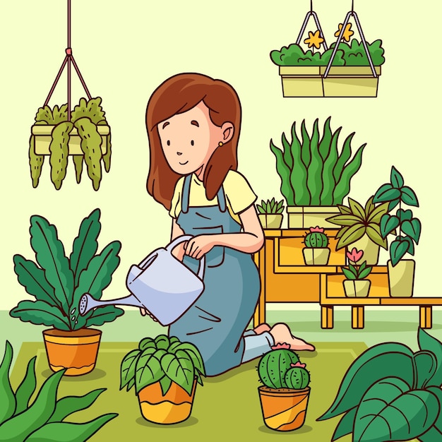 Vecteur gratuit illustration dessinée à la main de personnes prenant soin des plantes