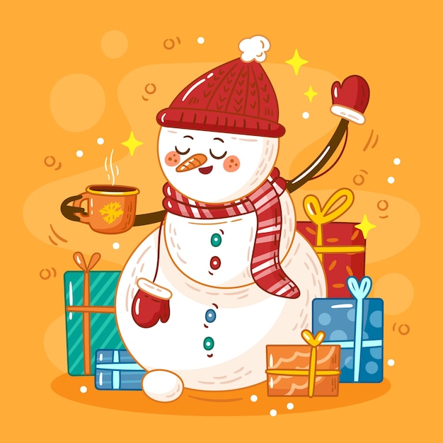 Vecteur gratuit illustration dessinée à la main pour la célébration de la saison de noël avec bonhomme de neige et cadeaux