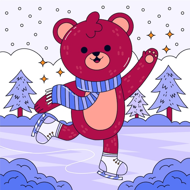 Illustration dessinée à la main pour la saison d'hiver avec patinage sur glace ours en peluche