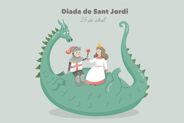 Illustration De Diada De Sant Jordi Dessinée à La Main Avec Dragon, Chevalier Et Princesse