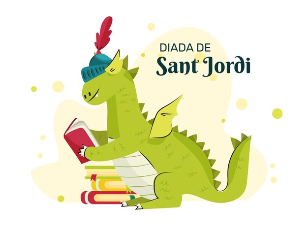 Illustration de diada de sant jordi dessinée à la main avec livre de lecture de dragon