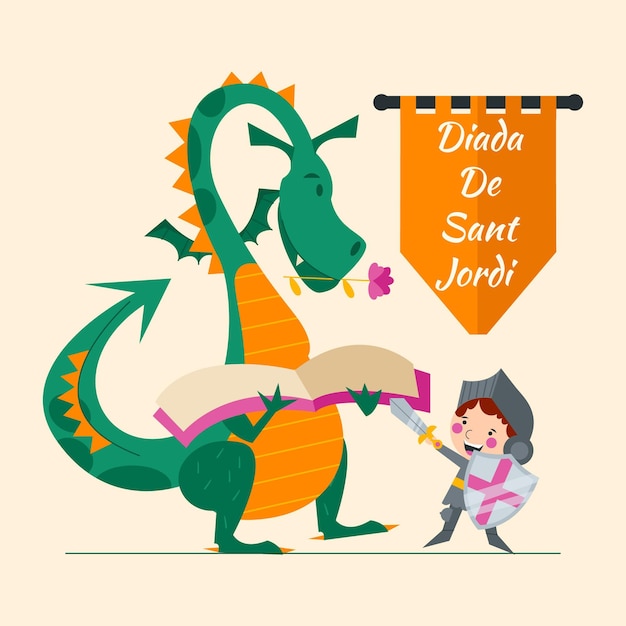 Vecteur gratuit illustration de diada de sant jordi plat avec dragon et chevalier