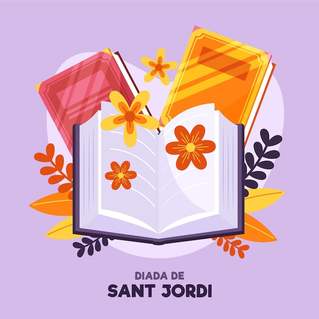 Illustration de diada de sant jordi plat avec des fleurs et des livres
