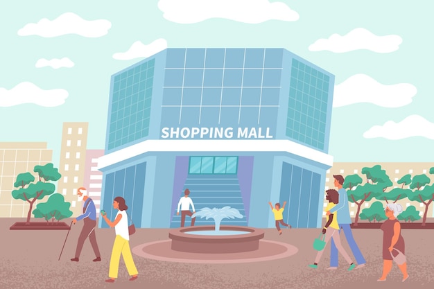 Vecteur gratuit illustration du bâtiment du centre commercial et des citoyens qui vont faire des achats dans le centre commercial de la ville