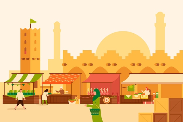 Illustration du bazar arabe avec les commerçants et les clients