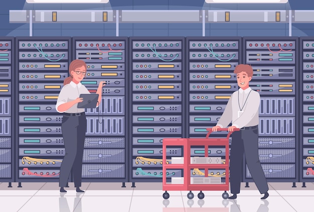 Illustration du centre de données avec vue intérieure de la pièce avec des rangées de serveurs et de travailleurs humains