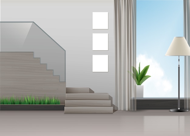 Vecteur gratuit illustration du design d'intérieur dans un style minimaliste avec escalier, lampe, plantes et grande fenêtre