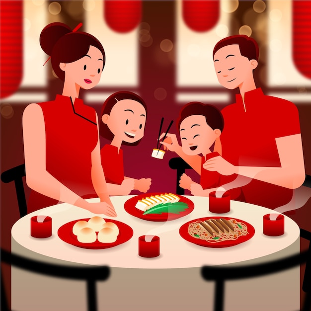 Illustration Du Dîner De Réunion En Gradient Pour Le Festival Du Nouvel An Chinois