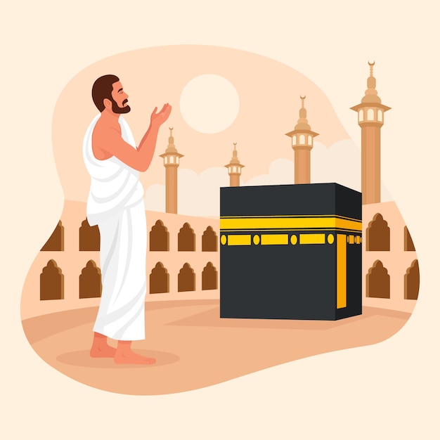 Vecteur gratuit illustration du hajj plat avec un homme priant à la mecque