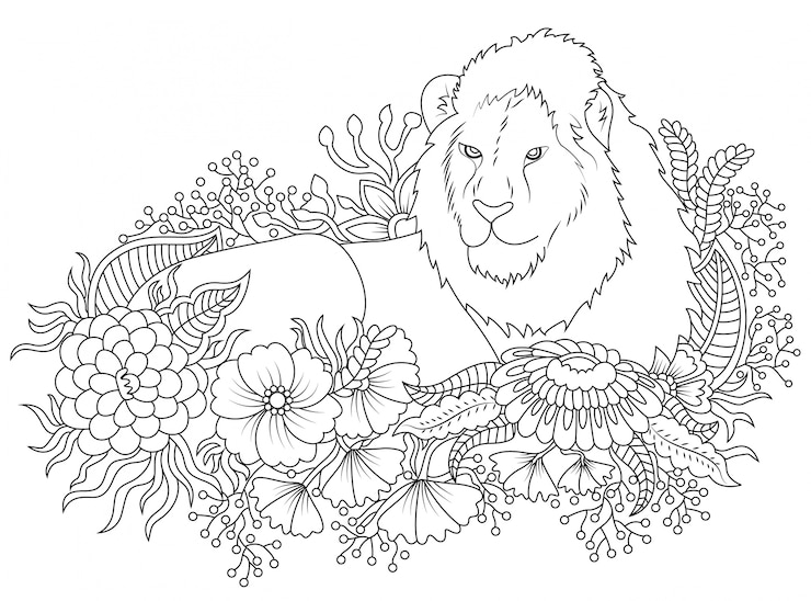 Vecteur gratuit l&#39;illustration du lion et des fleurs à la couleur