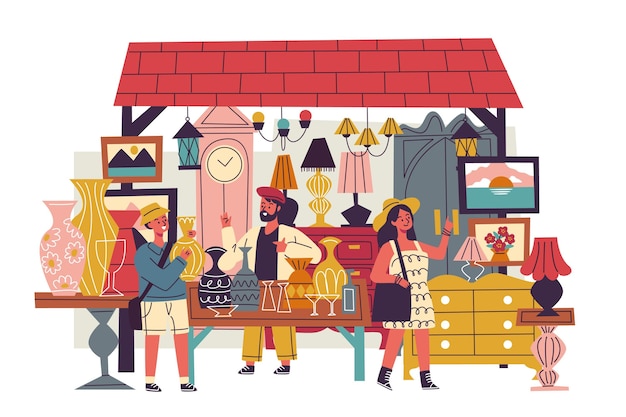 Illustration du marché d'antiquités avec des objets anciens