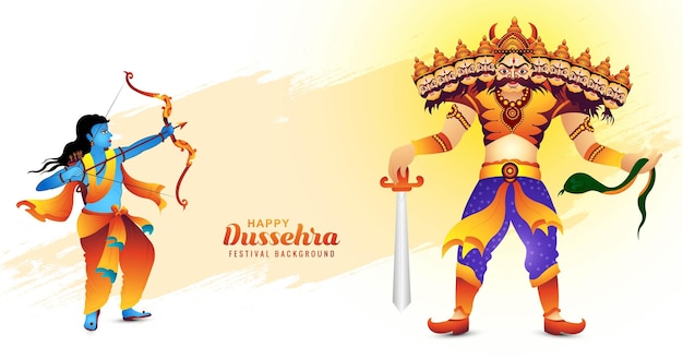 Illustration du seigneur rama tuant ravana avec dix têtes sur fond de célébration happy dussehra