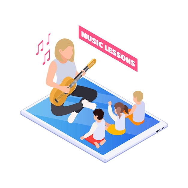 Illustration de l'éducation à domicile avec un enseignant jouant de la guitare et des enfants chantant sur une leçon de musique en ligne isométrique