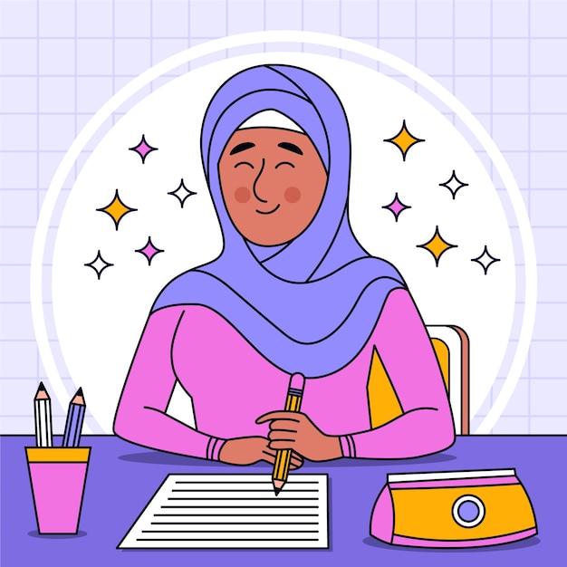 Vecteur gratuit illustration de l'éducation des filles musulmanes dessinées à la main