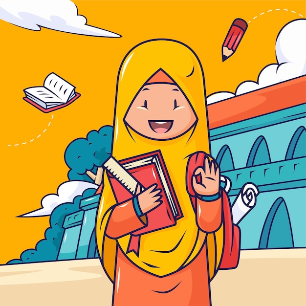 Vecteur gratuit illustration de l'éducation des filles musulmanes dessinées à la main
