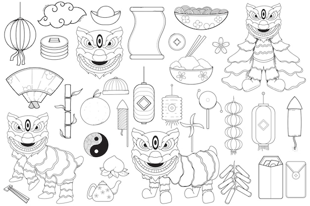 Vecteur gratuit illustration d'élément de nouvel an chinois doodle icône d'élément de chine