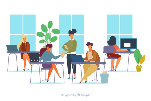 Illustration d'employés de bureau assis à un bureau