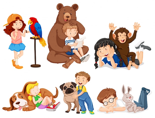 Illustration D'enfants Avec Des Animaux Sauvages