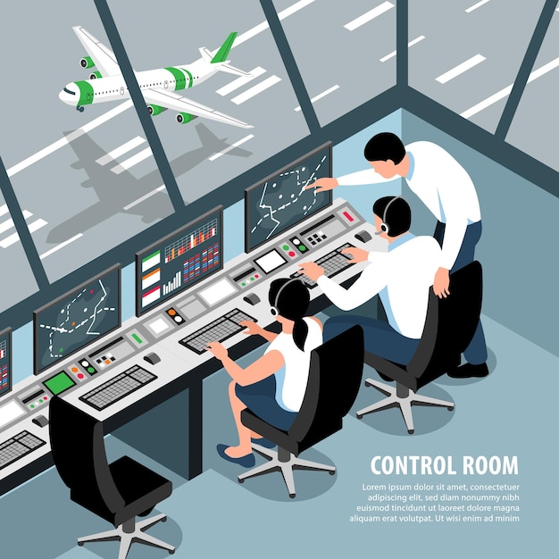 Vecteur gratuit illustration de l'équipe de contrôle du trafic aéroportuaire isométrique avec les opérateurs de salle de contrôle des avions de paysage intérieur et texte modifiable