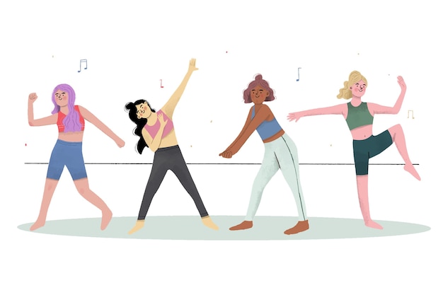 Illustration d'étapes de remise en forme de danse dessinés à la main avec des gens