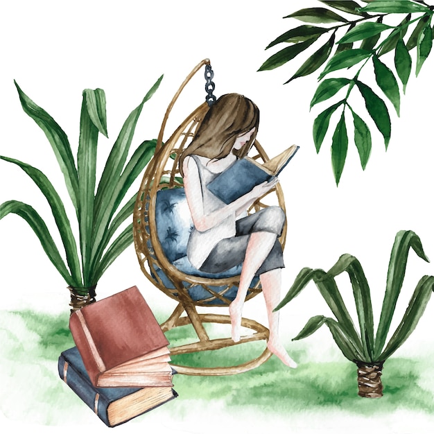 Illustration d'été aquarelle avec femme lisant des livres