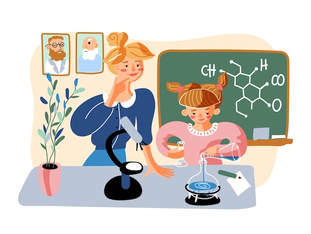 Vecteur gratuit illustration de l'expérience chimique petite fille et enseignante souriante en classe apprenant la matière de chimie de l'éducation scolaire