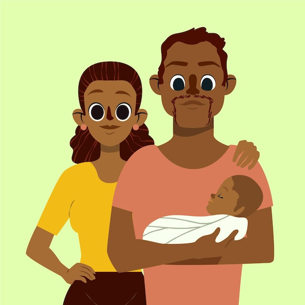 Illustration De Famille Noire Dessinée à Plat Avec Un Bébé