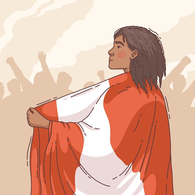Vecteur gratuit illustration d'une femme péruvienne portant un drapeau lors d'une manifestation