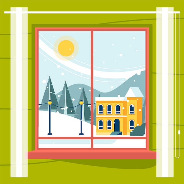 Vecteur gratuit illustration de fenêtre d'hiver plat