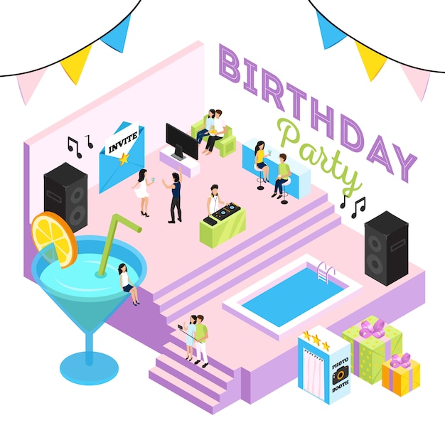 Vecteur gratuit illustration de fête d'anniversaire avec systèmes acoustiques de piscine intérieure salon de cocktail et gens dansant au dj