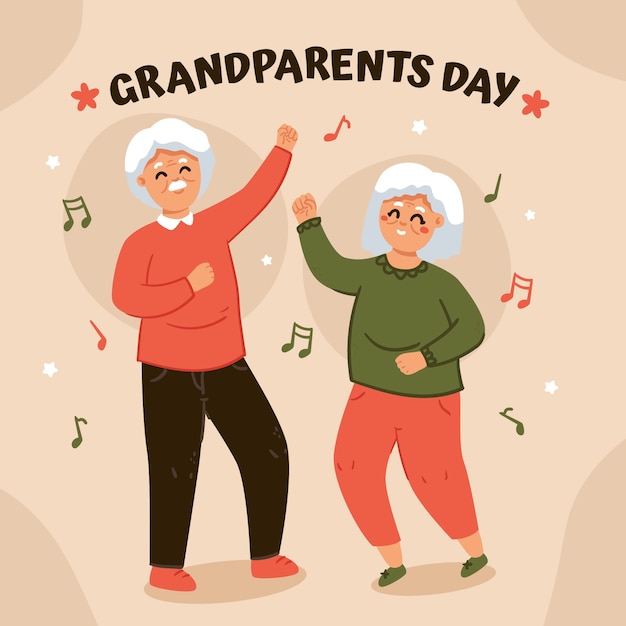 Vecteur gratuit illustration de la fête des grands-parents plats avec un couple de personnes âgées dansant sur de la musique