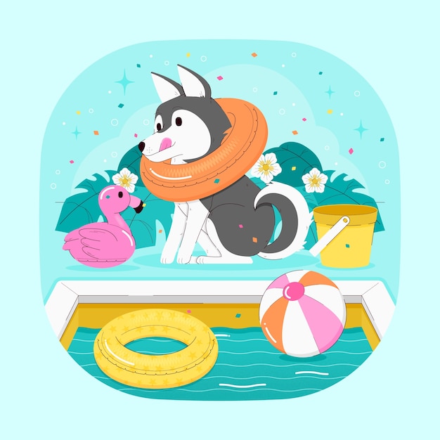 Vecteur gratuit illustration de fête de piscine chien design plat