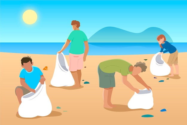 Vecteur gratuit illustration avec des gens nettoyant la plage