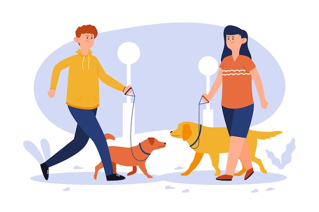 Vecteur gratuit illustration des gens promener leur chien