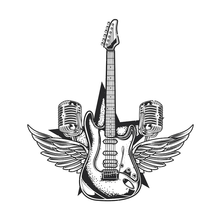 Vecteur gratuit illustration de la guitare, deux microphones et des ailes
