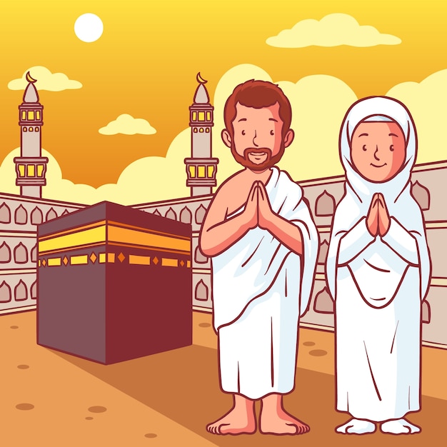 Illustration De Hajj Dessinée à La Main Avec Des Personnes Priant à La Mecque