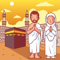 Vecteur gratuit illustration de hajj dessinée à la main avec des personnes priant à la mecque